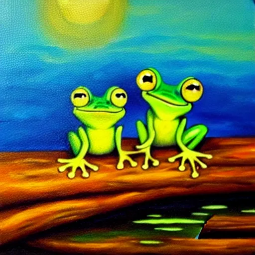 Image similar to Two frogs sitting on a log in a pond, the sun is setting. Oil painting