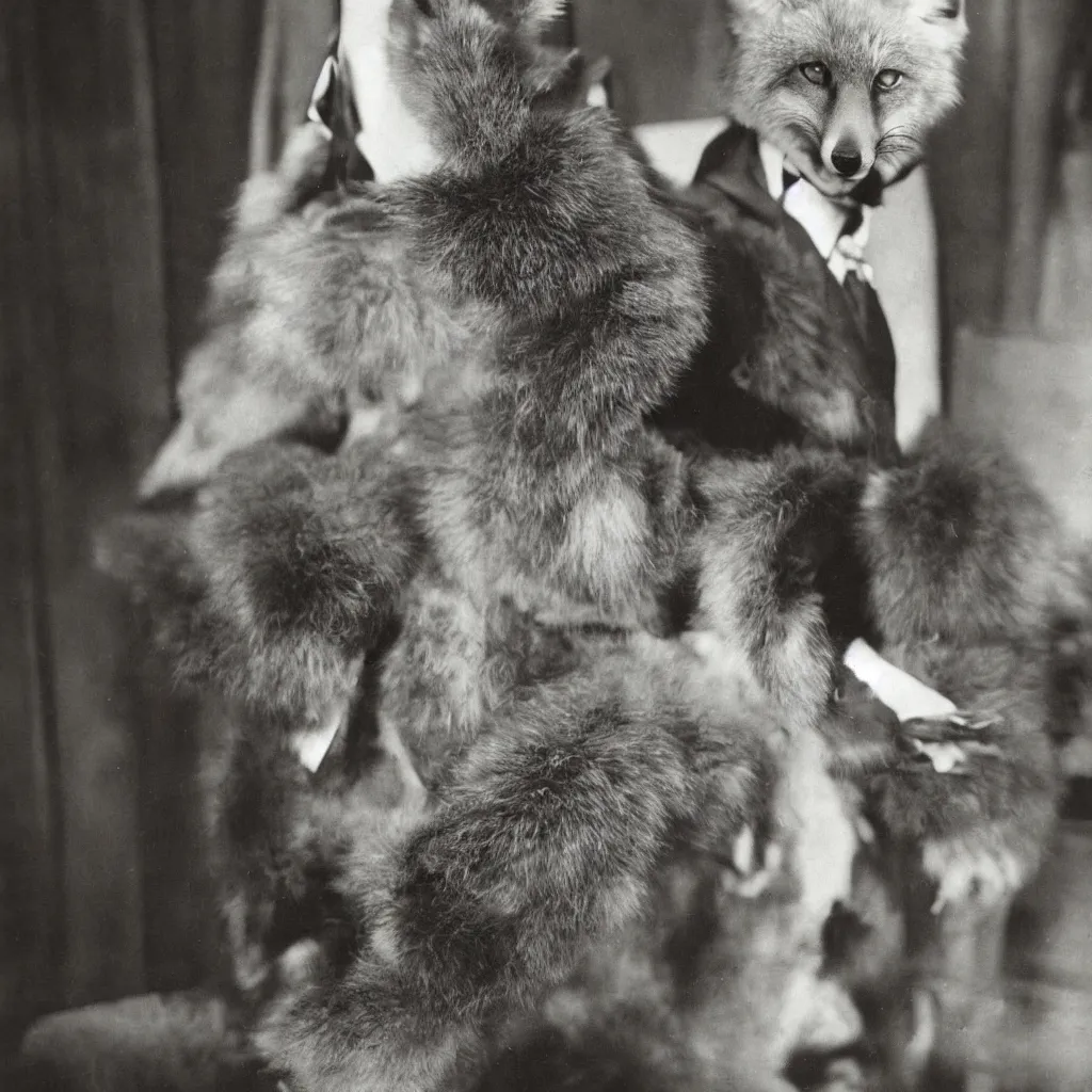 Prompt: anthropomorphic fox in suit sitting in the lobby of a luxury hotel, anthro, furry, 1 9 2 0 s photograph