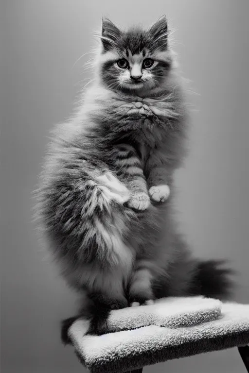 Image similar to “ fluffy kitten lying on cat tree, cozy living room, warm, cotton, dramatic lighting, extremely high quality, leica m - a, lux 3 5 fle, portra 8 0 0 ”