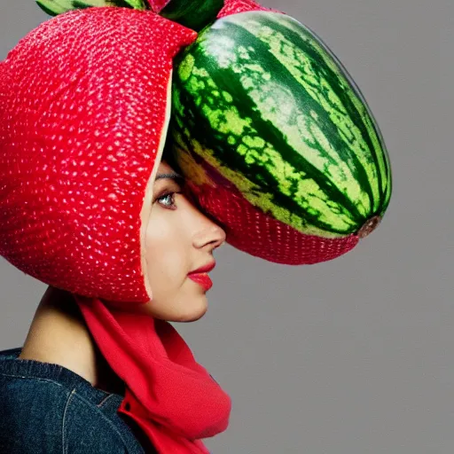 Image similar to hd photo of a friday wearing a watermelon hat, trending on artstation