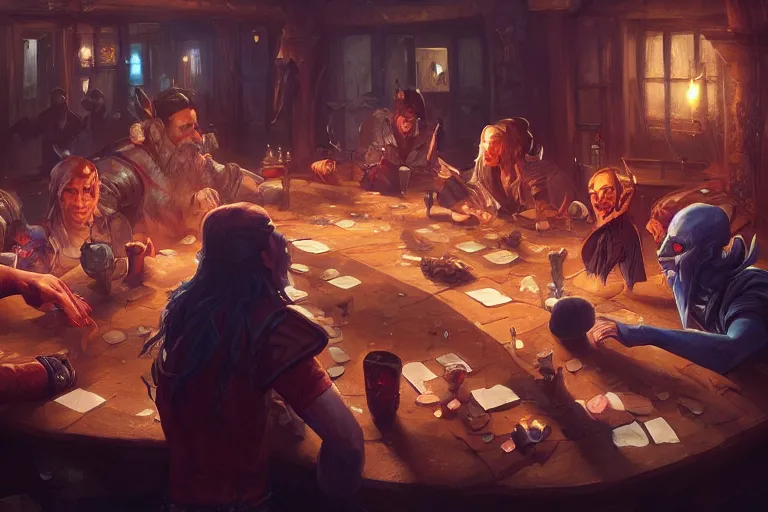 Prompt: a game of cards at a crowded d & d tavern, by greg rutkowski and anna podedworna, artstation