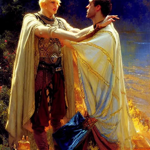 Image similar to attractive, arthur pendragon in love with attractive male, merlin the mage. highly detailed painting by gaston bussiere, craig mullins, j. c. leyendecker