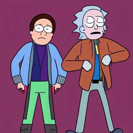 Image similar to marty and doctor brown from back to the future, in rick and morty art style, cartoonish