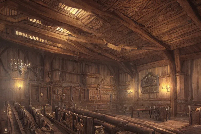 Prompt: Viking king\'s hall, ornate wood, by Tyler Edlin