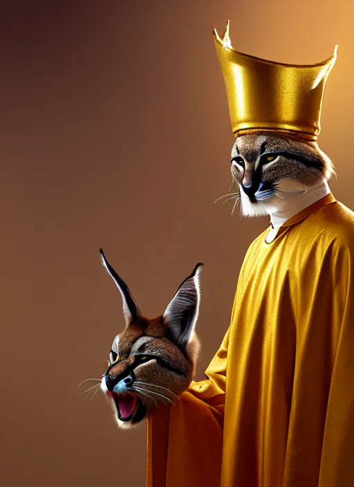 Image similar to cute fluffy anthropomorphic caracal as orthodox priest in golden clothes, caracal head, wearing vr, in orthodox icons at background, dynamic lighting, darkness, atmospheric, surrealistic, ambients, dramatic, blurry bokeh cinematic, depth of field, 8 0 mm f 1. 8, by bussiere rutkowski andreas rocha