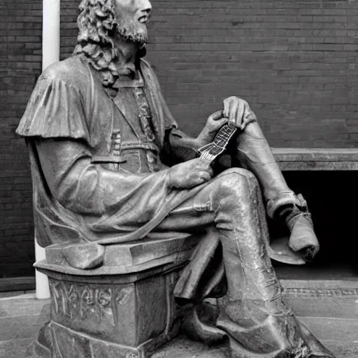 Image similar to bob dylan playing his guitar whilst sitting next to a statue of king alfred the great, photograph