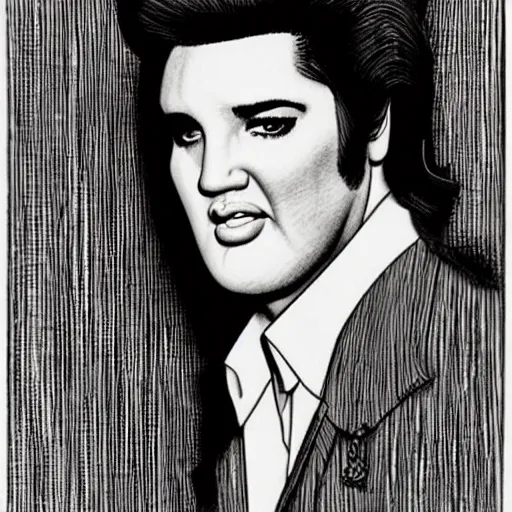 Prompt: a pencil sketch of Elvis drawn by Robert Crumb