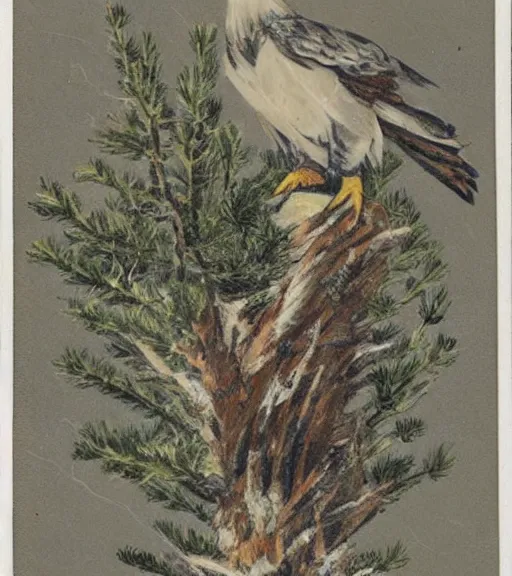 Image similar to tattered postcard of 'an eagle in the nest of a snowy pine tree', long shot, on table