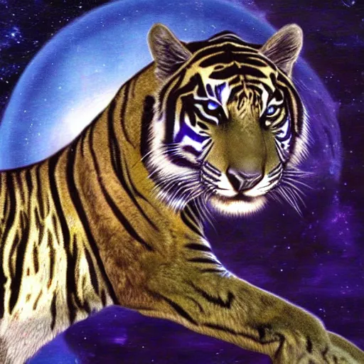 Prompt: Blue tiger in space next to Saturn, high resolution, trending on art station, realistic, detailed