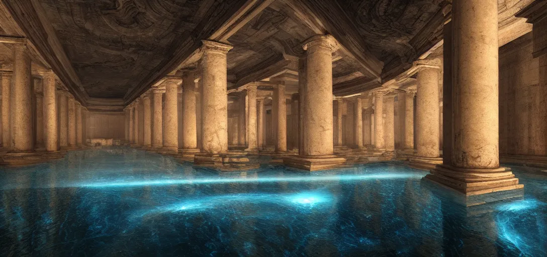 Image similar to dramatic photo of underground roman interior, ambient occlusion, glowing pool of water with realistic light refraction, caustics, making the pillars glow, ancient marble statues, raytracing, unreal engine, dramatic lighting, detailed,, global illumination, god rays, 3 d artstation by greg rutowski and jessica rossier