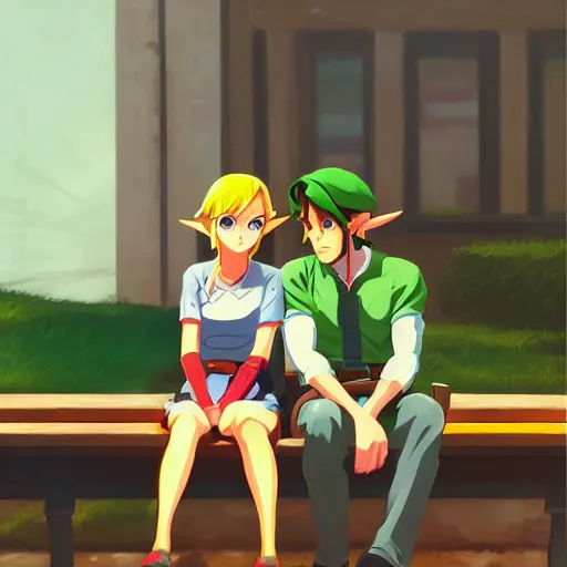 Image similar to Zelda and Link, anime, 4k, art style of Edward Hopper and James Gilleard, new realism,