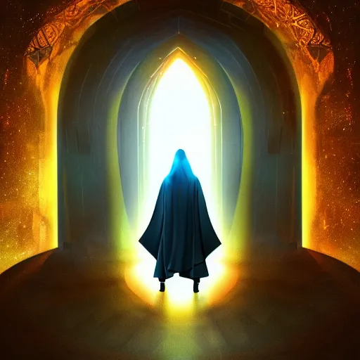 Image similar to a wizard in a cloak standing in front of a portal to wisdom, tall door, high ceiling, magic light, light beam, cinematic atmosphere, high definition, ultra detailed