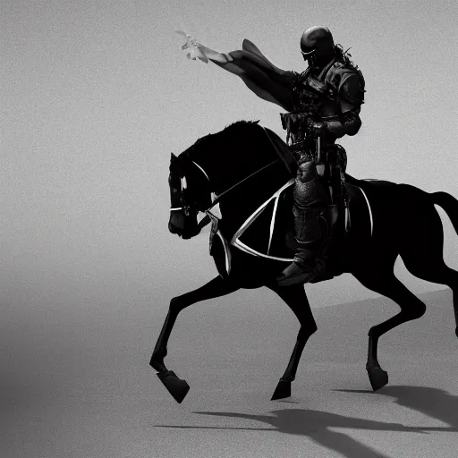 Prompt: death riding a black horse, holding a black flag with a white rose on the flag, rugged, black tactical gear, black and white, noir, futuristic, octane render, cinematic