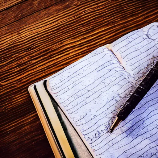 Image similar to highly detailed close up photo of an old worn notebook on wooden table, old table, feather pen, light coming out of near window, moody lighting, dust in air