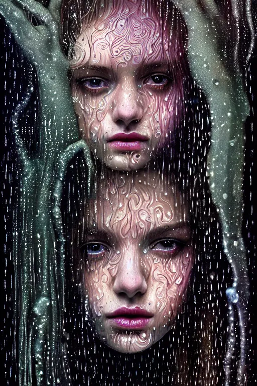 Image similar to portrait of a girl upside down psychedelic LSD rain with wet hair and face, fantasy, intricate, elegant, dramatic lighting, emotionally evoking symbolic metaphor, highly detailed, lifelike, photorealistic, digital painting, artstation, concept art, smooth, sharp focus, illustration, art by John Collier and Albert Aublet and Krenz Cushart and Artem Demura and Alphonse Mucha