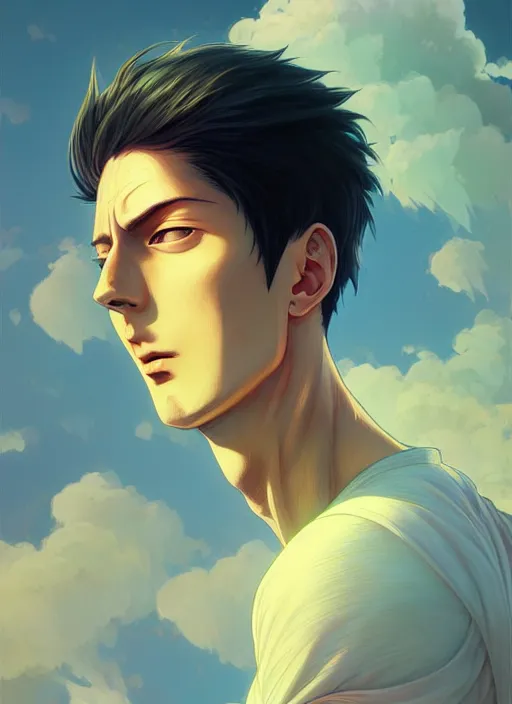 Image similar to handsome saitama, half body shot, path traced, highly detailed, high quality, digital painting, alena aenami, lilia alvarado, shinji aramaki, karol bak, alphonse mucha, tom bagshaw