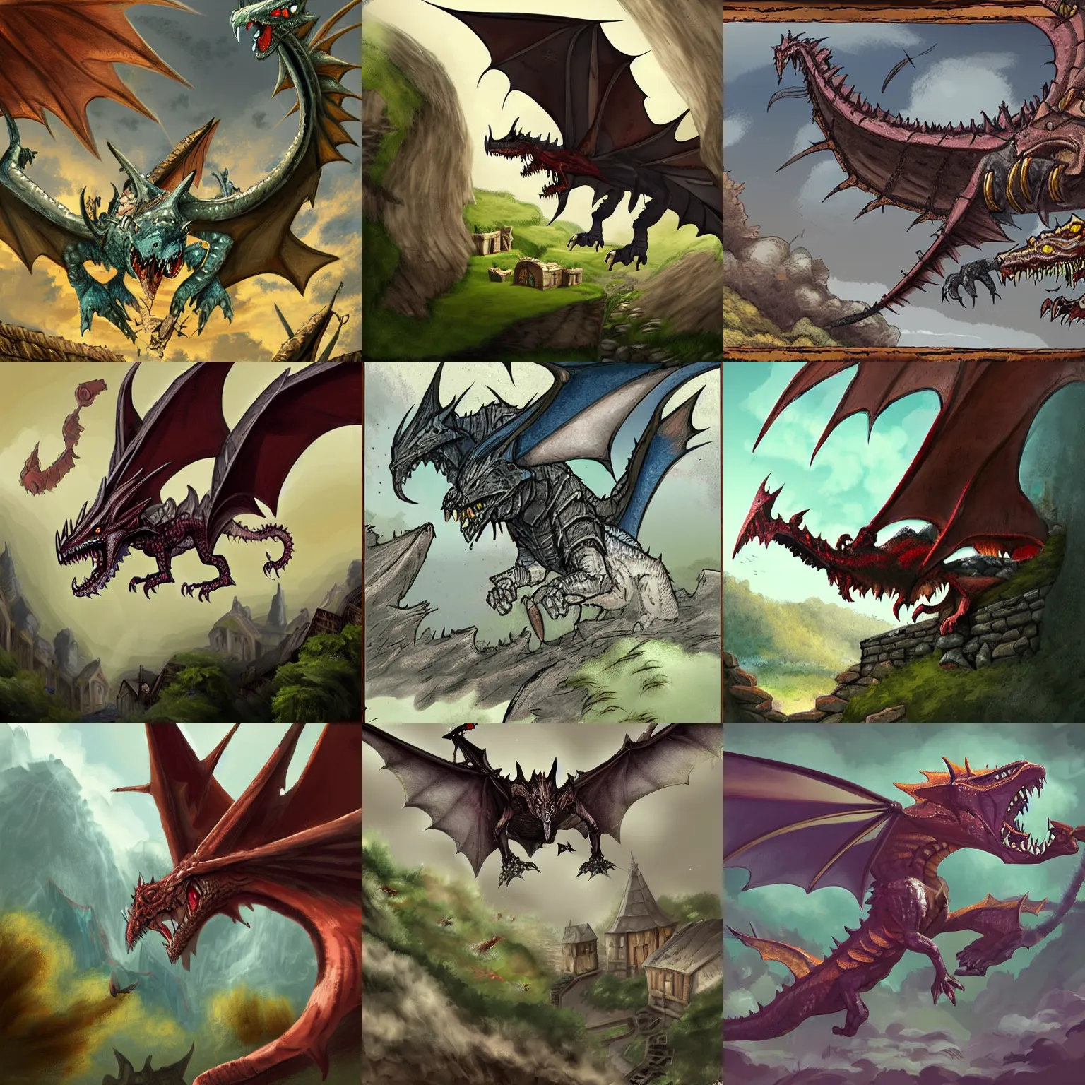 looking up at a dnd wyvern attacking a small village, | Stable ...