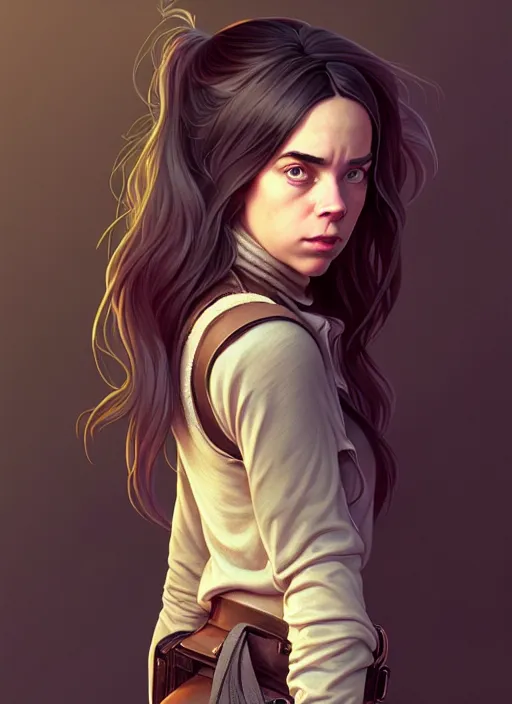 Image similar to portrait of a full body of beautiful young female detective, d & d, sleeveless turtleneck, fantasy, flat lighting, intricate, highly detailed, digital painting, artstation, concept art, smooth, sharp focus, illustration, billie eilish, art by simon bisley and greg rutkowski and alphonse mucha, natural tpose