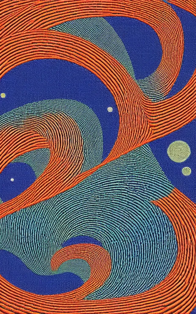 Prompt: wave, particle, synth, frequencies, pattern, oscillation. wave-particle duality. beautiful japanese embroidery. Retro art by jean giraud.