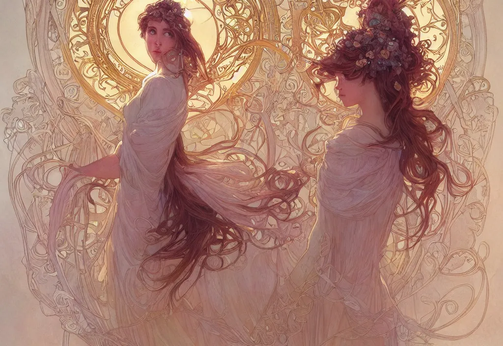 Image similar to an angel, highly detailed, very intricate, art nouveau, gold filigree, romantic storybook fantasy, soft cinematic lighting, award - winning, disney concept art watercolor illustration by mandy jurgens and alphonse mucha and alena aenami, pastel color palette, featured on artstation