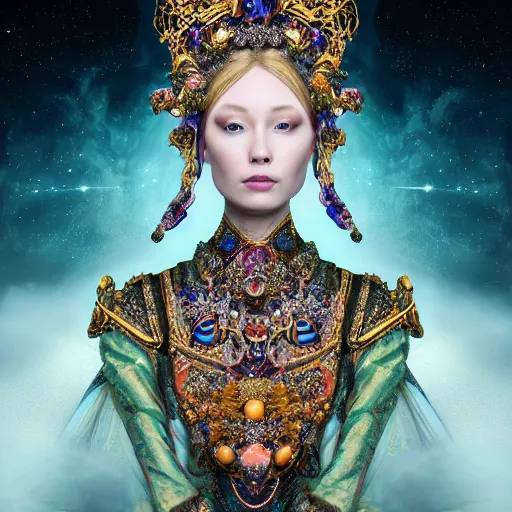 Image similar to a beautiful empress portrait, with a brilliant, impossible striking big cosmic galaxy headpiece, clothes entirely made out of cosmos chaos energy, symmetrical, dramatic studio lighting, rococo, baroque, jewels, asian, hyperrealism, closeup, D&D, fantasy, intricate, elegant, highly detailed, digital painting, artstation, octane render, 8k, concept art, matte, sharp focus, illustration, art by Artgerm and Greg Rutkowski and Alphonse Mucha