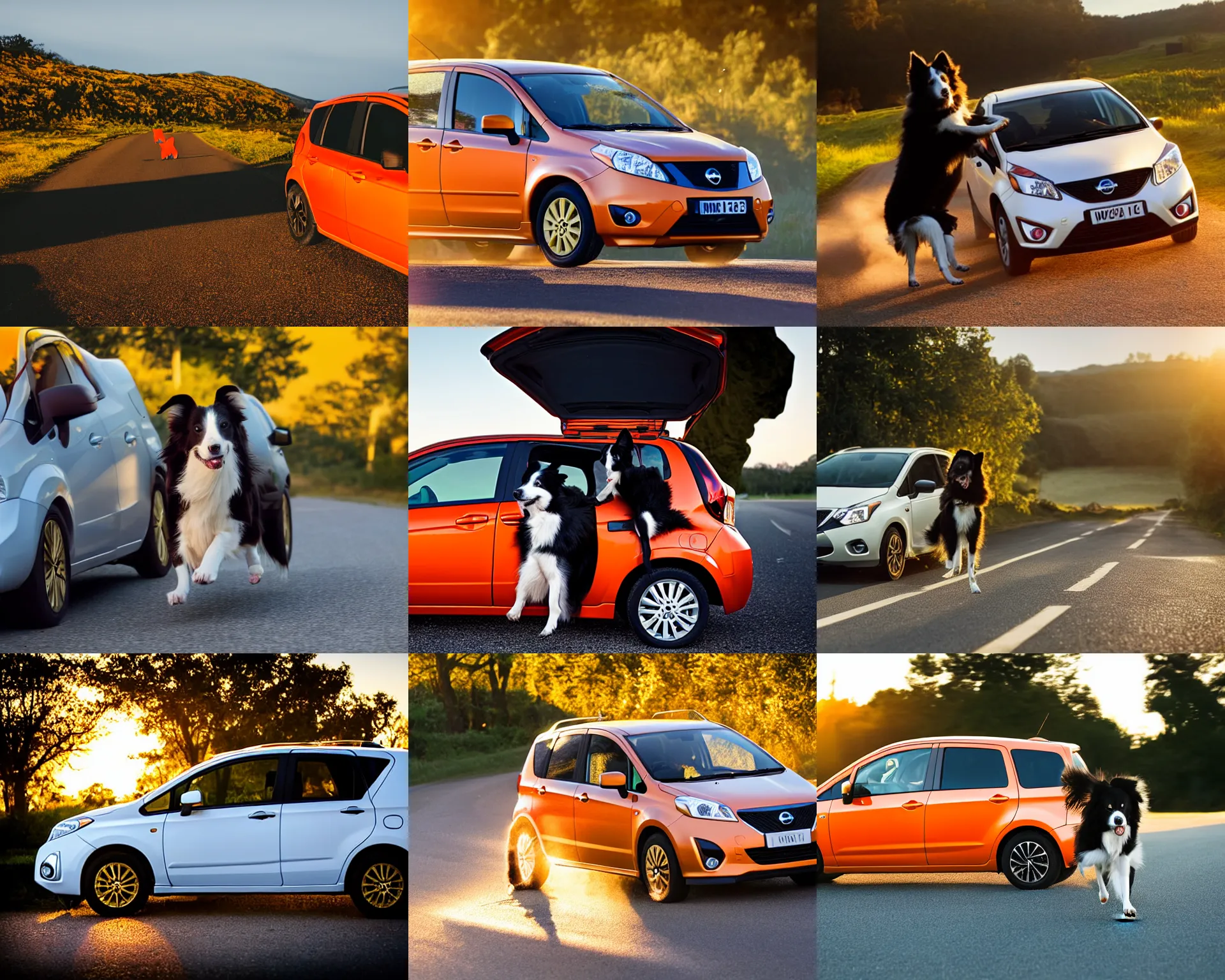 Prompt: border collie dog operating an orange nissan note, paws on wheel, car moving fast, award winning photo, golden hour,