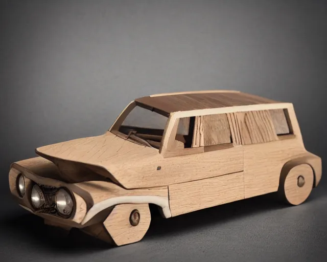 Prompt: car made of wood, studio light, dark background, 3 5 mm photography