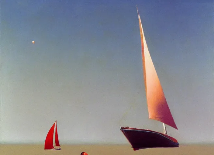 Image similar to woman on a beach, large sailboat with red sails, highly detailed, Edward Hopper and James Gilleard, Zdzislaw Beksinski highly detailed