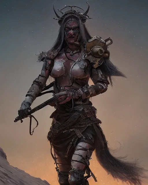 Prompt: hyper realistic photo of postapocalyptic mongolian demon girl with helmet, full body, cinematic, artstation, cgsociety, greg rutkowski, james gurney, mignola, craig mullins, brom