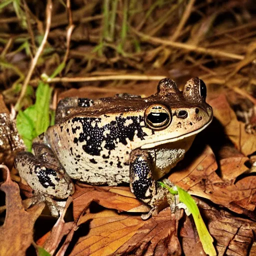 Prompt: photo of American Toad birthday party in the woods at night