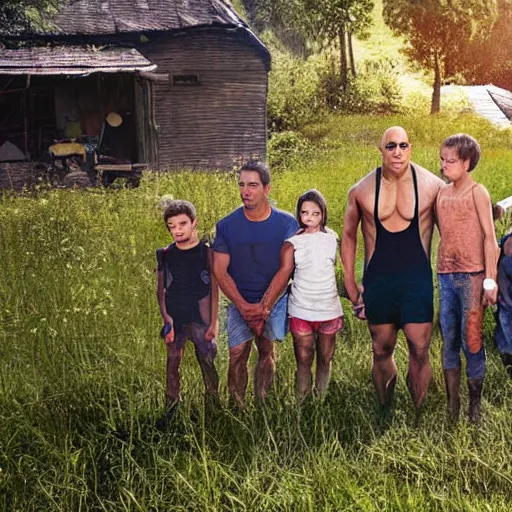 Image similar to closeup photo of vin diesel and his 6 children, sunny day, village house, pastoral, happy, cinematic, art by jan urschel and neil blevins