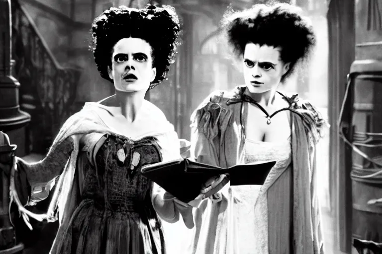 Prompt: film still bride of frankenstein as hermione granger wearing hogwarts uniform in harry potter movie