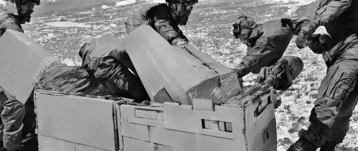 Image similar to extreme closeup color movie like 3 5 mm photograph of a middle aged caucasian us soldiers unloading dark grey metal rectangular crate from a black military 1 9 8 2 helicopter at a top secret military base in antarctica