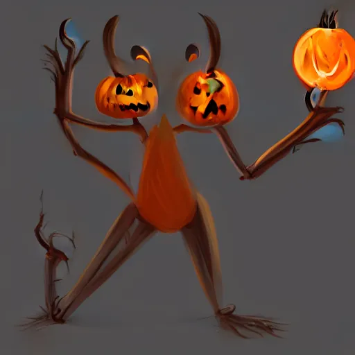 Image similar to a slender tall anthropomorphic pumpkin + tall thin body, long legs and arms, long claws + glowing eyes + evil + trending on artstation, cgsociety, concept art, digital art, ultra HD, 4k, 8k, spooky