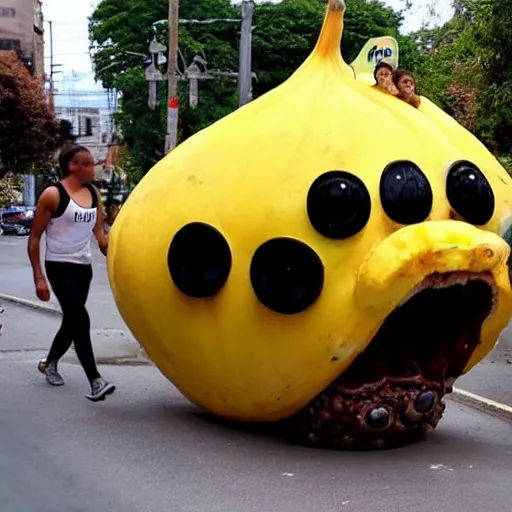 Prompt: a giant banana covered in eyeballs, scared people running