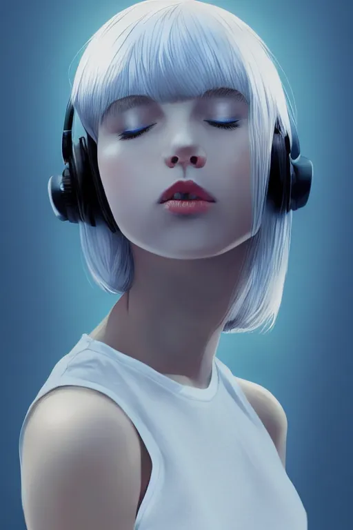 Prompt: a cute young woman listening to music with her eyes closed and wearing headphones in a darkened room by Ilya Kuvshinov and Range Murata, white bob cut hair, blue filter, blue and white, soft lighting, atmospheric, cinematic, moody, digital painting, 8k