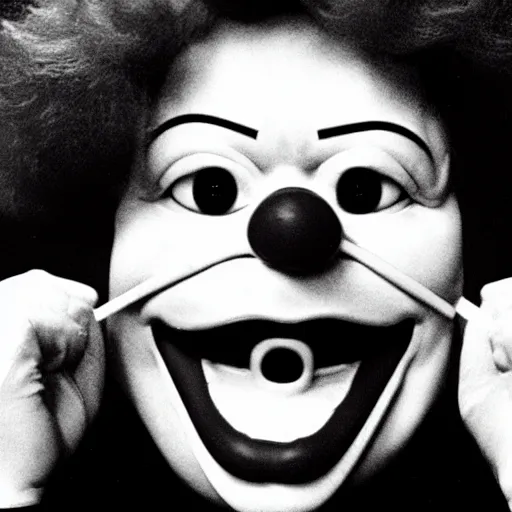 Image similar to creppy 2 0 0 1 photo of ronald mcdonald screaming in a dark room