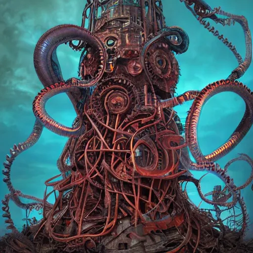 Image similar to lovecraftian biomechanical machine-tower with fleshy tendrils and eyeball at top overlooking dystopian wasteland, highly detailed, colorful with red hues