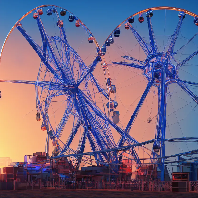 Image similar to unreal engine render, a blue guitar with a ferris wheel in the background, cinematic, sunset, fantasy, 8 k, trending on artstation