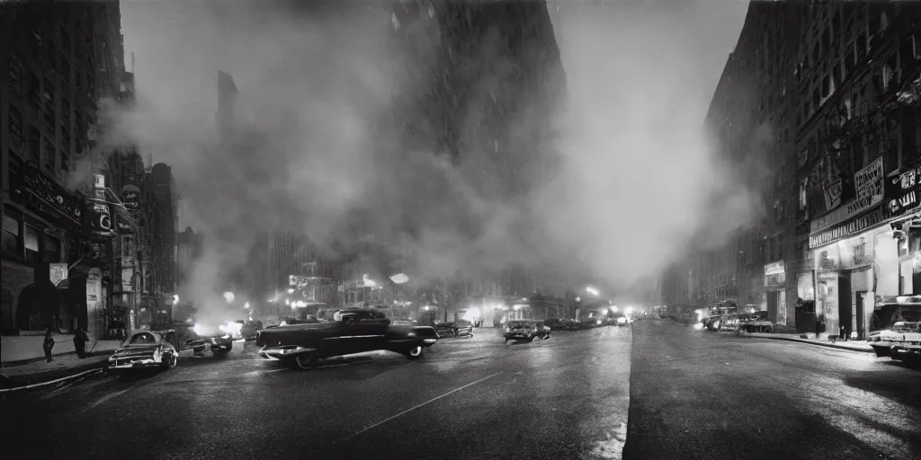 Image similar to a high resolution photo of a new york street at night surrounded with smoke and cars with bright headlights by robert capa, realistic photo, leica, magnum award winning photograph, parallax photography,