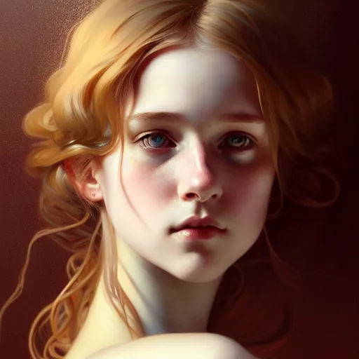 Prompt: portrait of a scottish teenage girl with dark blonde hair, glowing skin, intelligent face, fantasy, intricate, elegant, dress shirt, highly detailed, digital painting, artstation, concept art, smooth, sharp focus, illustration, art by Krenz Cushart and Artem Demura and alphonse mucha