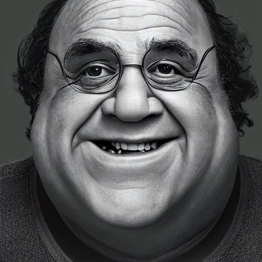 Prompt: award winning portrait of danny devito as shrek, photo by mark mann, hyper detailed