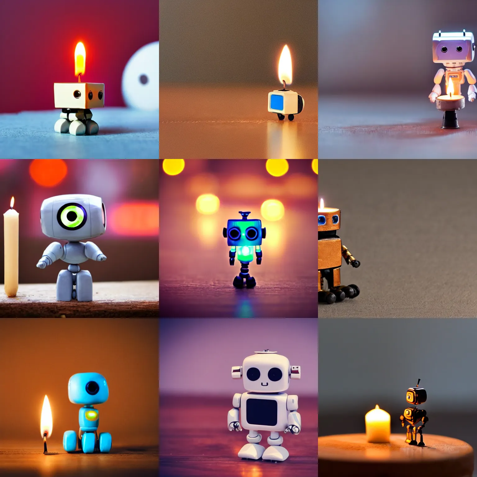 Prompt: a cute little robot sitting on a matchstick with a lit candle in the background