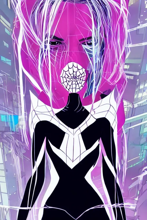 Image similar to a portrait of spider gwen in the style of cyberpunk,, single head, no double head,