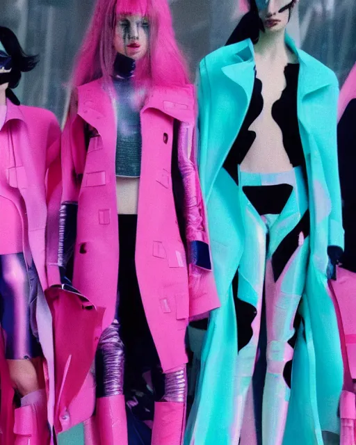 Image similar to a leaked screenshot of Balenciaga's fall 2049 campaign, prismatic, dazzle camouflage!, dayglo pink, dayglo blue, Bladerunner, cyberpunk