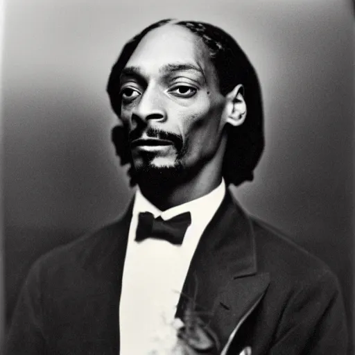 Image similar to a vintage photograph of Snoop Dogg by Julia Margaret Cameron, portrait, 40mm lens, shallow depth of field, split lighting