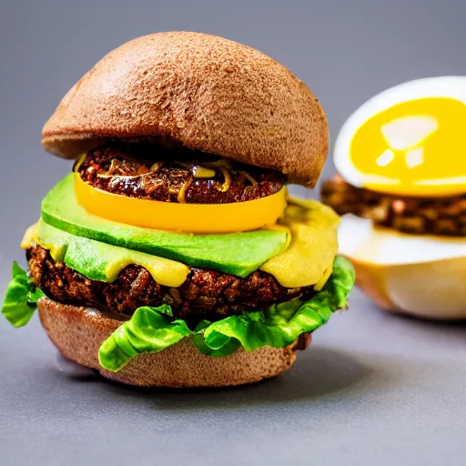 Image similar to juicy vegan hamburger topped with avocado and onion and a vegan fried egg, crispy buns, 8 k resolution, professional food photography, studio lighting, sharp focus, hyper - detailed