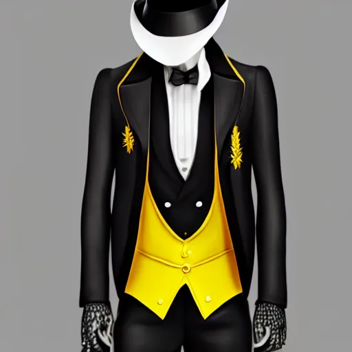 Image similar to a highly detailed portrait of a man in a high top hat covering his face, in a black tailcoat with a yellow waistcoat under the tailcoat, artstation, deviantart, professional, unreal engine 5, photorealistic