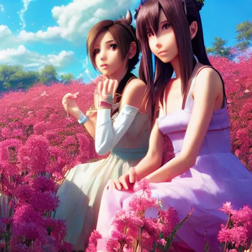 Image similar to aerith and yuffie from final fantasy 7 remake sitting in a flower field by ilya kuvshinov, rtx reflections, maya, extreme high intricate hyperrealistic details by wlop, digital art by ross tran, medium shot, composition by sana takeda, dramatic lighting by greg rutkowski