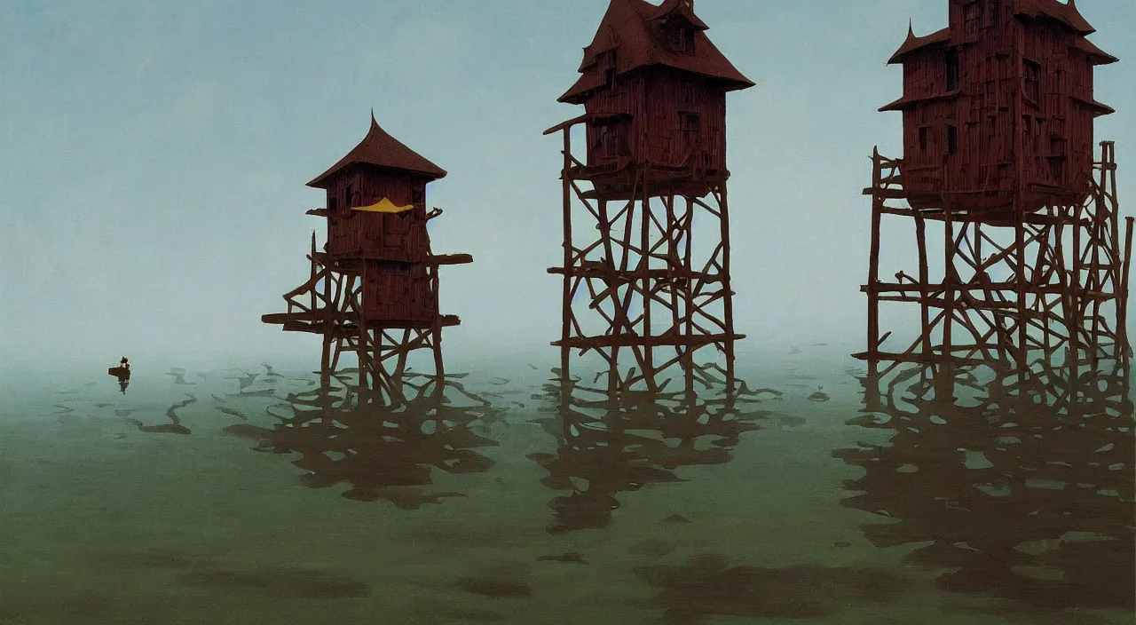 Prompt: single flooded simple tribal wooden tower, very coherent and colorful high contrast!! masterpiece by rene magritte simon stalenhag carl spitzweg syd mead norman rockwell edward hopper james gilleard, minimalist, dark shadows, sunny day, hard lighting